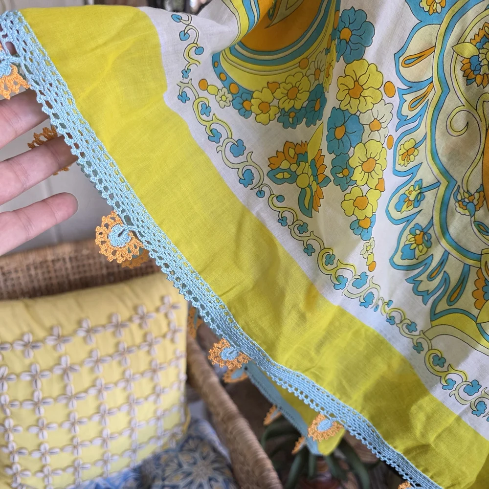 Vintage Huge Scarf Wrap Crochet Trim Resortwear Yellow Paisley Scarf
